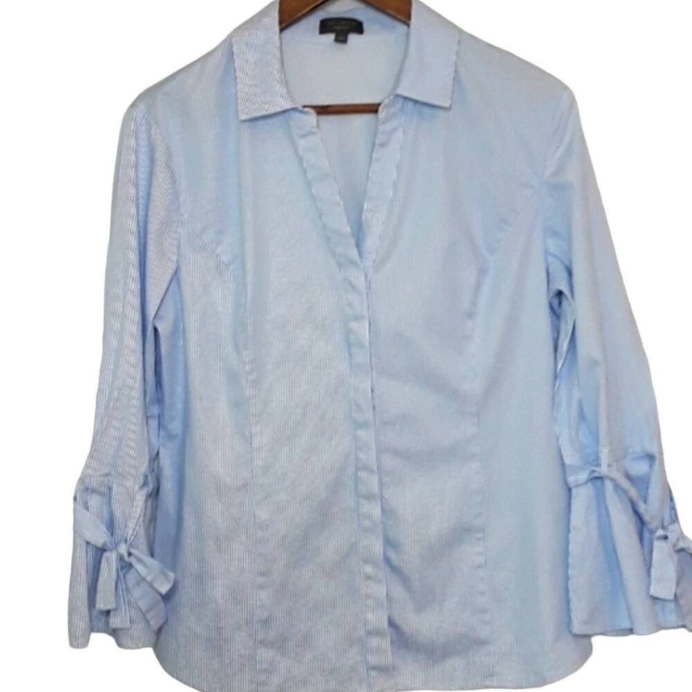Womens Sz XL Blue White Stripe Long Sleeve Ruffle Bell Cuff Nautical Beach Top